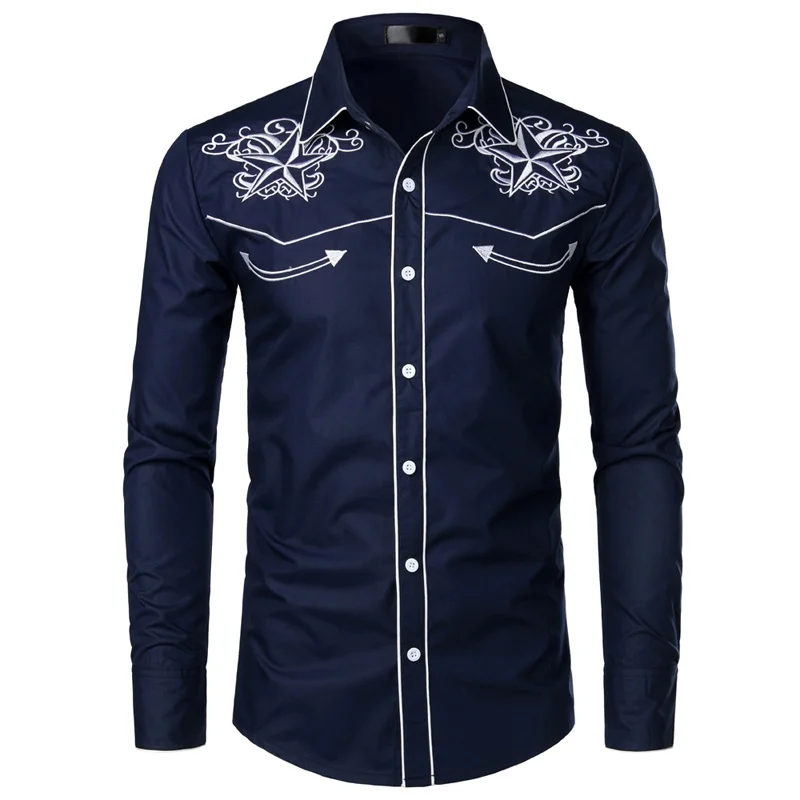 

KALENMOS Black Embroidery Shirt Men Muslim Star Lapel Button Shirts Long Sleeve Mens Office Work Wear Casual Islamic Clothes