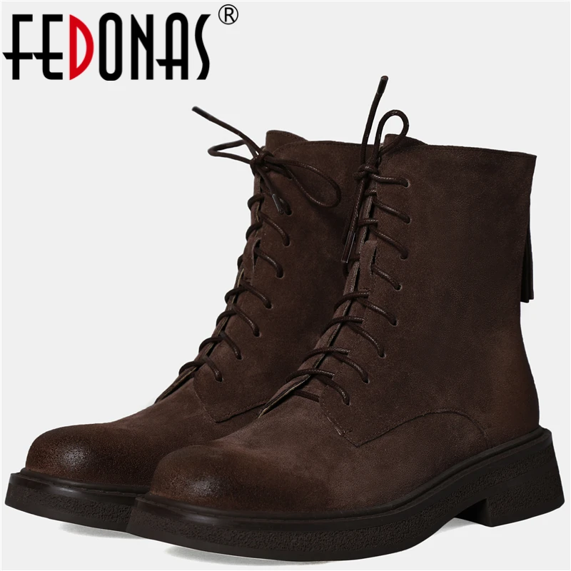 

FEDONAS Mature Working Classic Women Ankle Boots Cross-Tied Kid Suede Leather Thick Heels Back Zipper Shoes Woman Autumn Winter