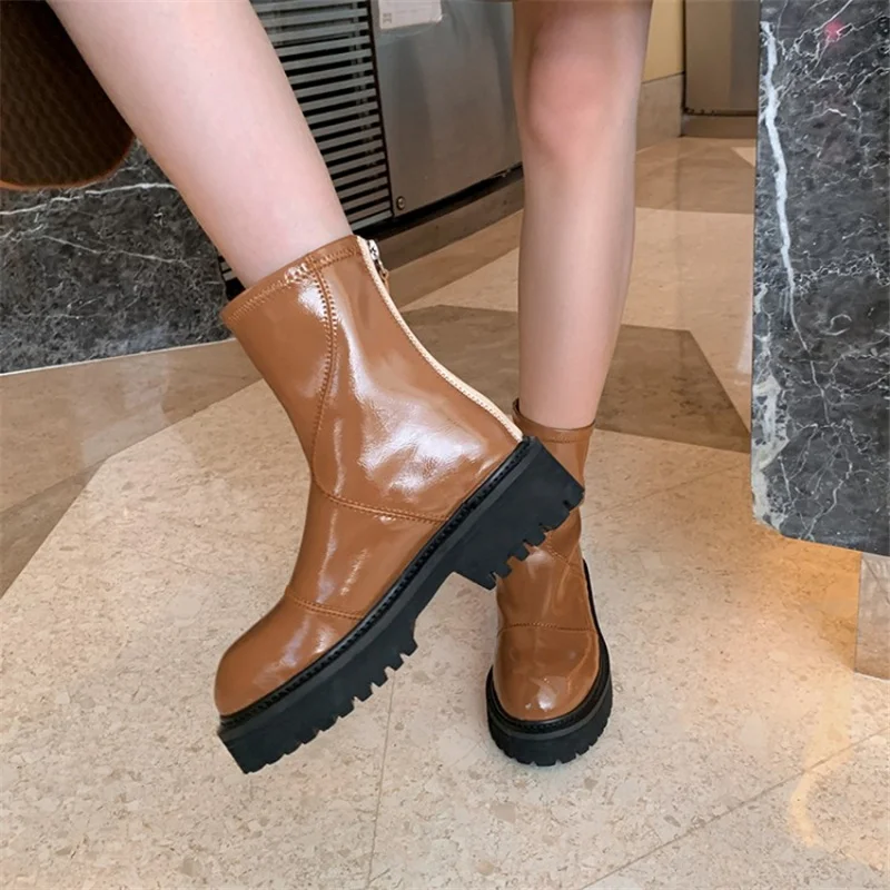 

Winter Patent Leather Women's Mid Calf Boots Flat Platform Thick Bottom Women Boots Round Toe Solid Color Zipper-Sid Girl Shoes