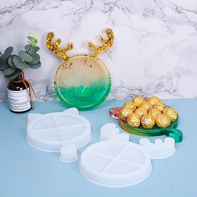 

Tray Silicone Epoxy Mould Christmas Antlers Cat Tray Silicone Molds Mirror Tray Christmas Decoration Making Mold