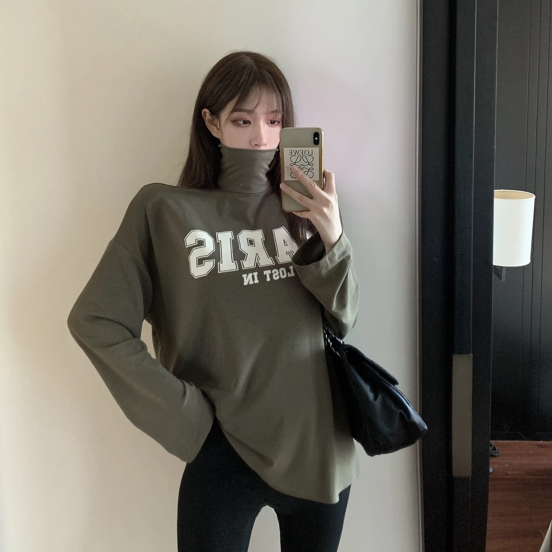 

Letter Printed Bottoming T Shirt Women Thicken Warm Tee Shirts Korean Turtleneck Long Sleeve Gray White T-shirts