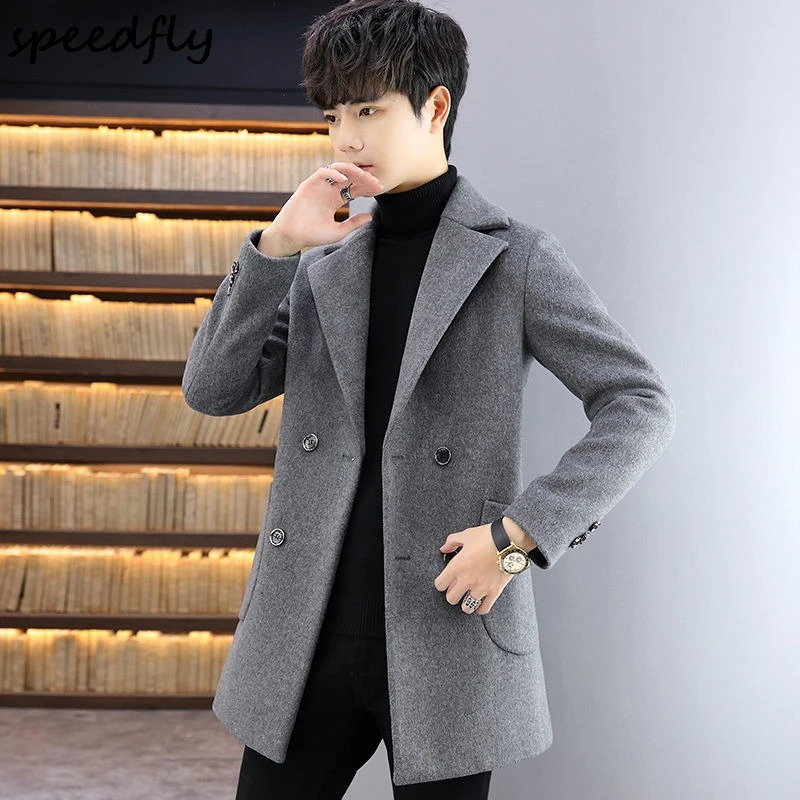 

Garmenting Mens Wool Blends Long Coats New Winter Warm Jackets Double Breasted Pocket Outerwear Blue Gray Men Clothing 2021