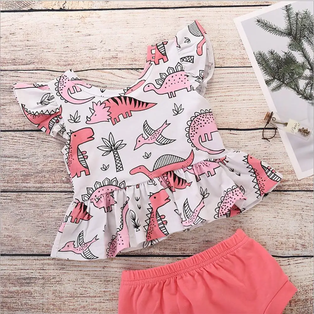 Летние топы с короткими рукавами и принтом динозавра для маленьких девочек +