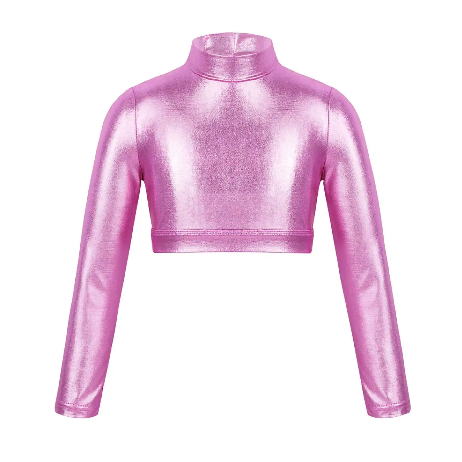 Long Sleeves Glossy Shiny Metallic Crop Top Kids Girls Rave Outfits T-Shirts Mock Neck Short Crop Tops Workout Stage Performance