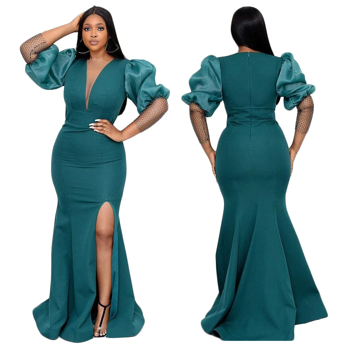 

African Dresses for Women 2021 Maxi Dress African Clothes Dashiki Sexy High Split V-neck Gown Robe African Dress Women