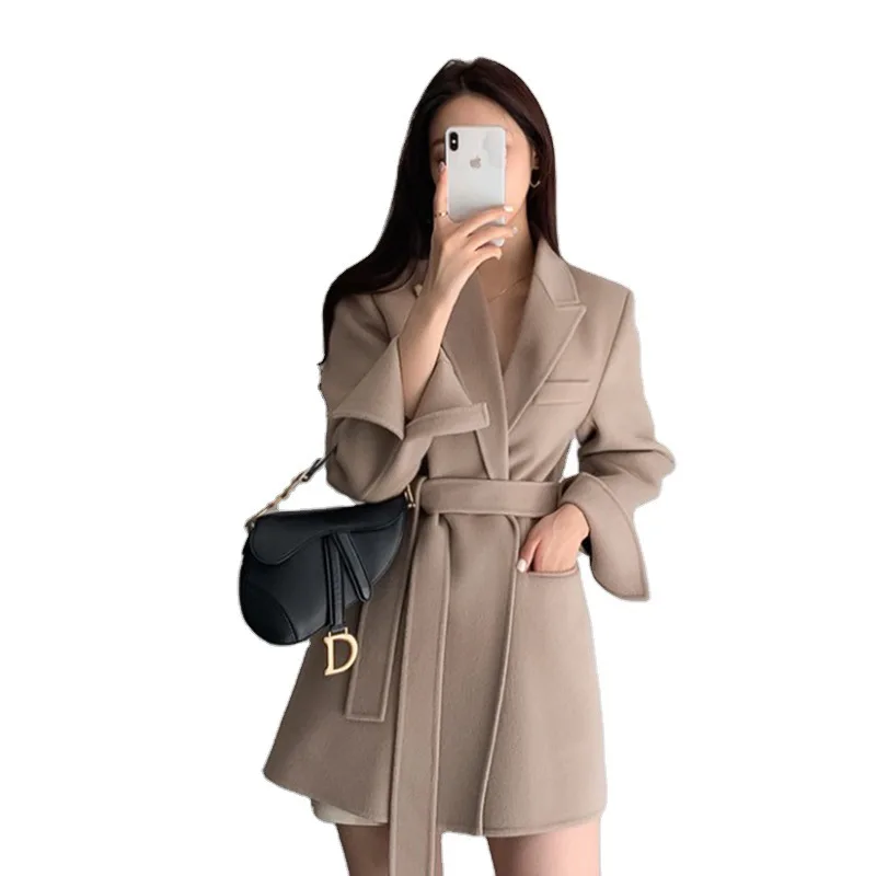 

2021 Autumn Winter Office Lady Double-Sided Cashmere Woolen Coat Korean Women OL Elegant Slim Blazer Jacket Long Outwear Sashes