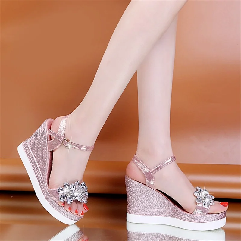 

Sandals Women Summer New Fashion Women's Sandals 2021Ankle Strap Buckle Rhinestone Crystal Sandals Women Round Toe High Heels