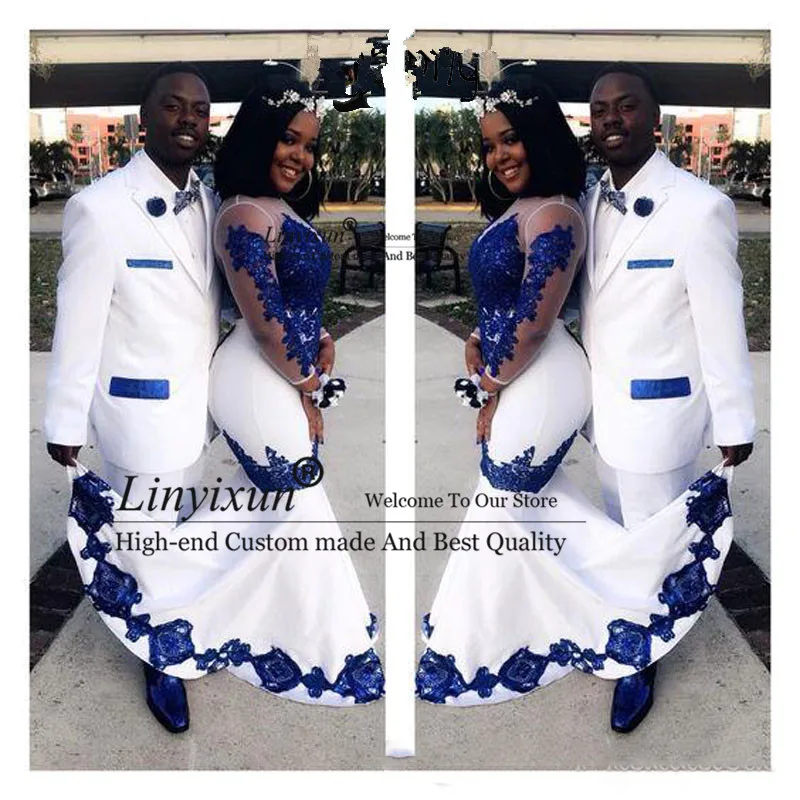 

New White Satin Royal Blue Lace Aso Ebi African Prom Dresses Long Illusion Sleeves Appliqued Mermaid Evening Formal Gowns Pagean