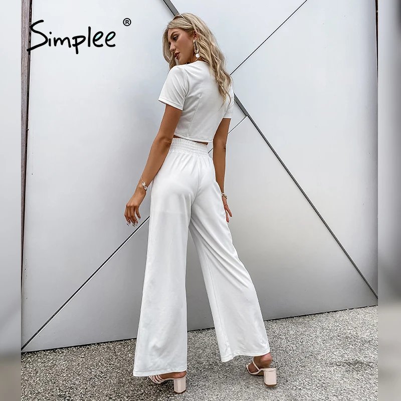 

Simplee High street solid white two pieces women sets summer Casual crop top elastic waistband folds long pants Office lady suit