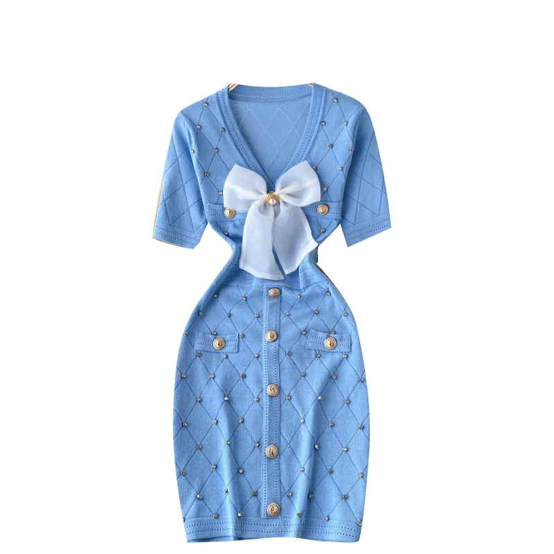 

ALPHALMODA 2021 Autumn New Sparkling Crystal Inbedded Bow Collar Women Vintage Short-sleeved Knitted Wrap Dresses