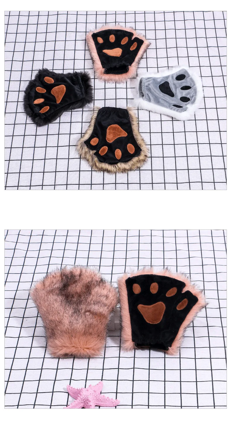 

Cosplay Sweet Cat Plush Halloween Purim Party Game Female Cute Panda Paw Half Gloves Multiple Colors