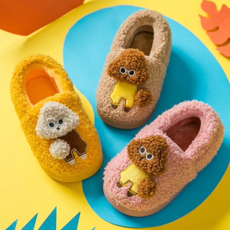 Winter Home Slippers Children Teddy Dog Cartoon Slippers Toddler Grils Flip Flops Baby Boy Skid Keep Warm Slippers For Kids