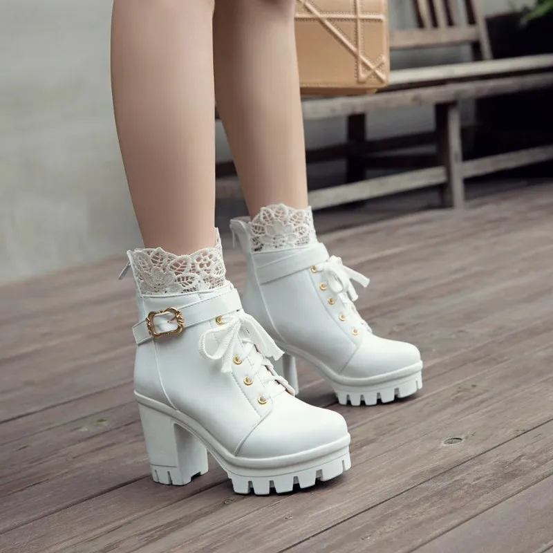 

Women's Boots The New winter Round head zipper Lace fashion High heel Short tube Women's shoes plus size 34-43 Heel Height 10cm