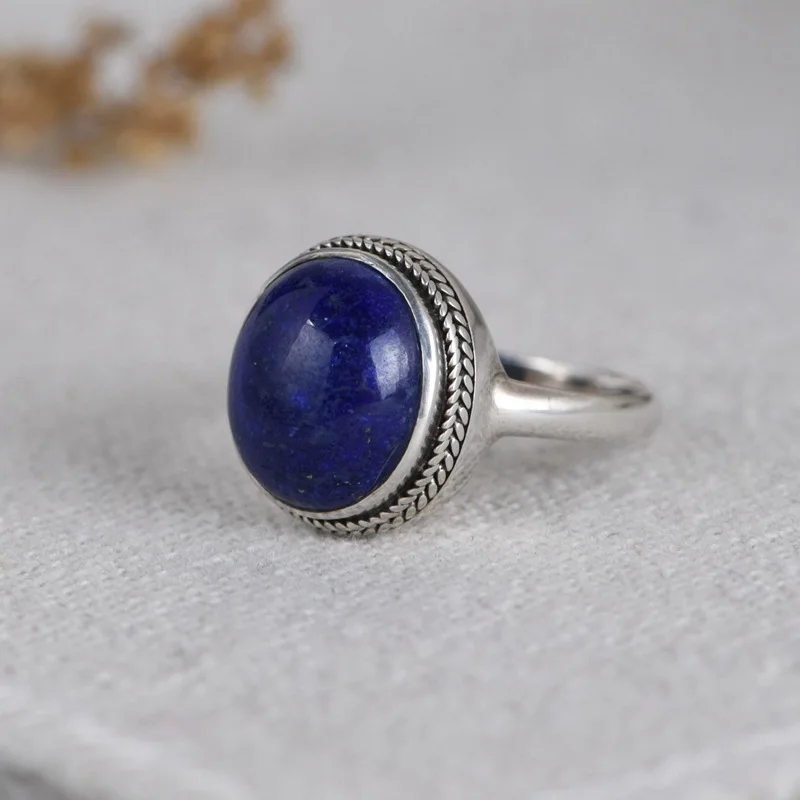 

FNJ 925 Silver Ring for Women Jewelry 100% Original Pure S925 Sterling Silver Rings Lapis Lazuli Oval Natural Blue Stone