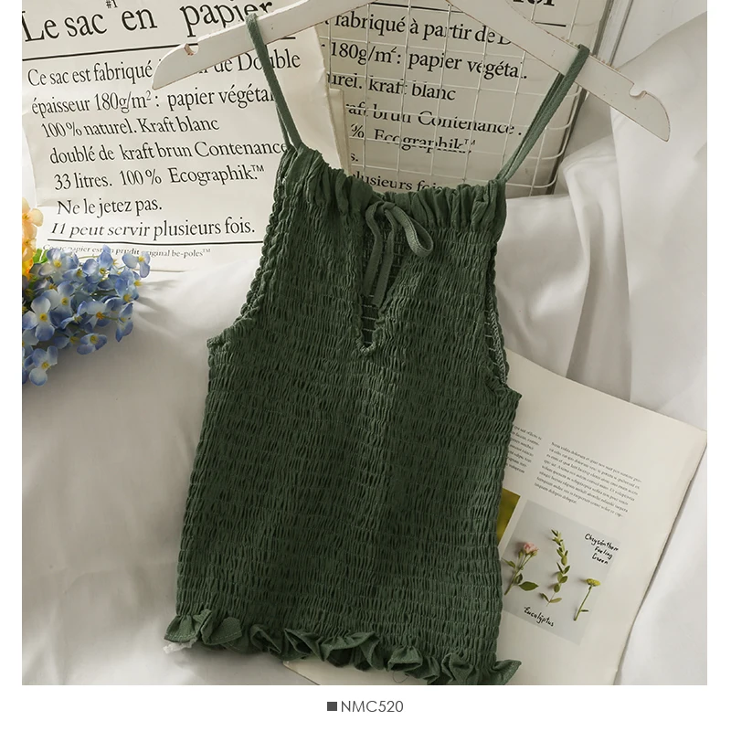 

Drawstring lace hollow folds crop tops 2021 summer sexy solid color wild wood ears spaghetti strap tanke top off shoulder camis