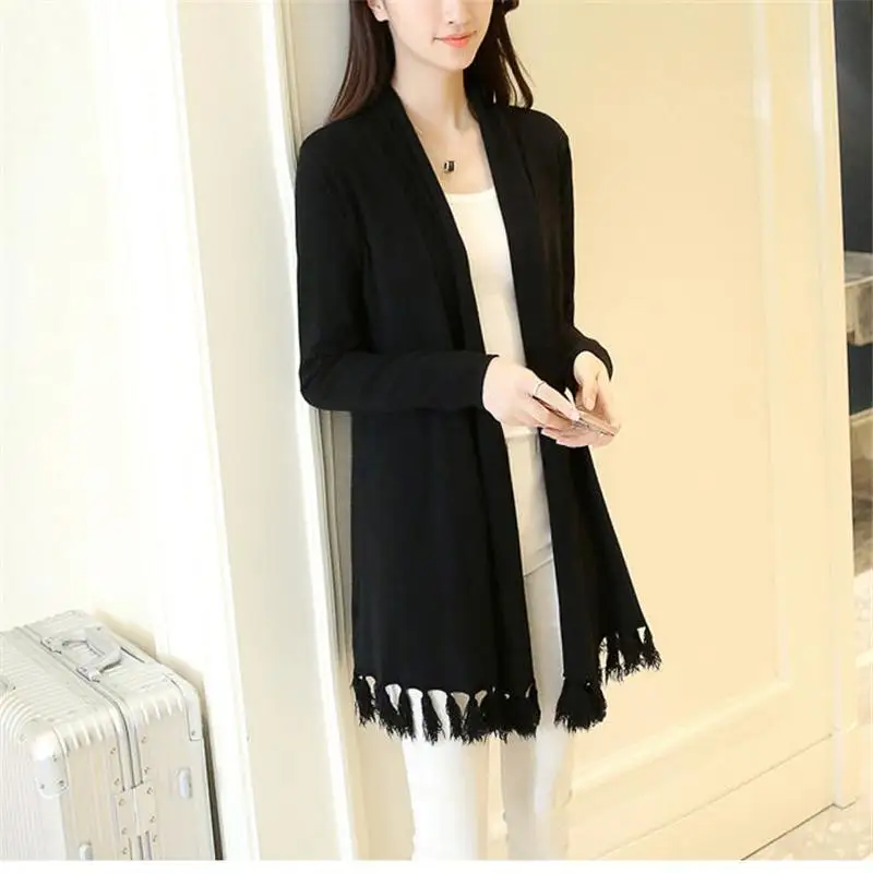 

2020 Spring Autumn New Women Tassel Wraps Classic Solid Color Knitted Sweaters Female Long Sleeve Streetwear Cardigans Coat T326