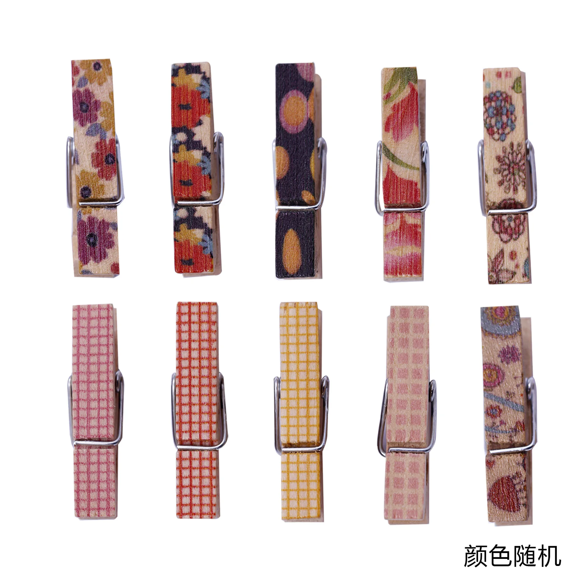 

10pcs Colorful Pattern Small Wooden Pegs Photos Notes Flax Rope Stamping Flowers Decorative Mini Clips