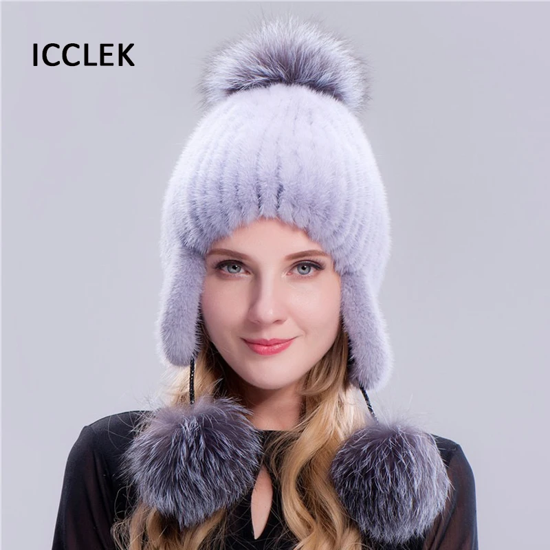 Women Mink Fur Hat Winter Warm Bomber Hats With Fox Fur Pompoms Female Winter Cap Russian Earflap Hat