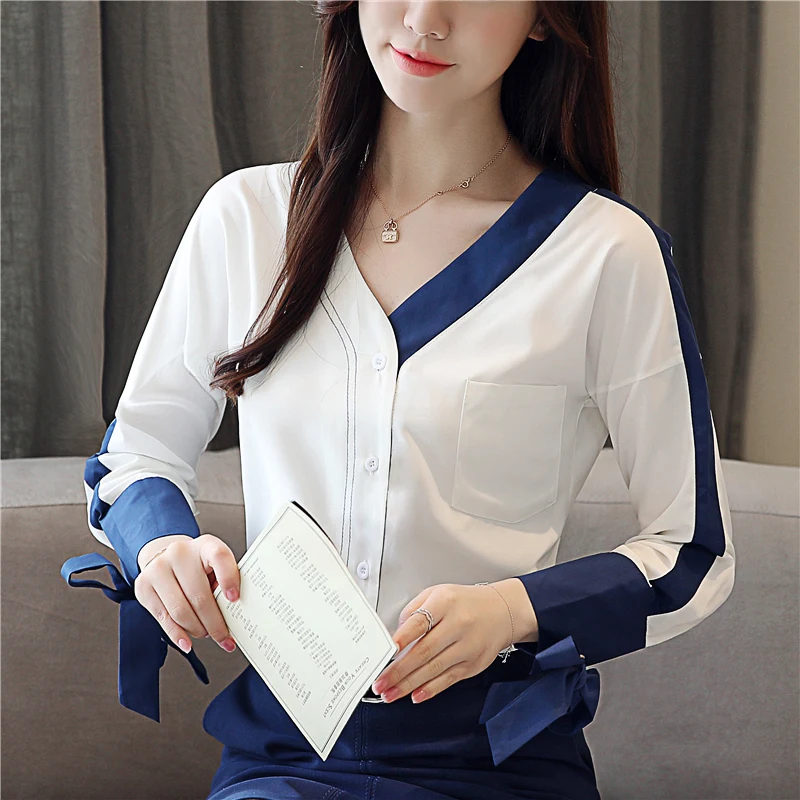 

Houthion Silk Women's Blouses Fashion Solid Shirt Casual New Korean Blouse Button Long Sleeve Top V-Neck Tops Chiffon Shirts