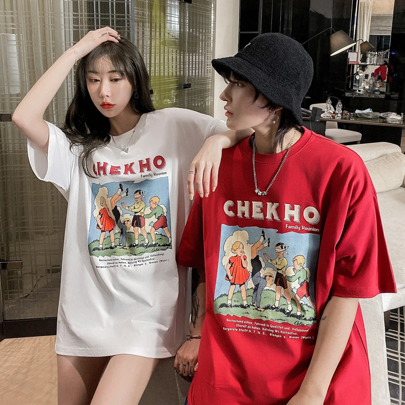 

Summer Hipster Hip Hop Harajuku Retro Cartoon Print Tshirt Men Women Streetwear Casual Short Sleeve Pure Cotton Tee Shirts Tops