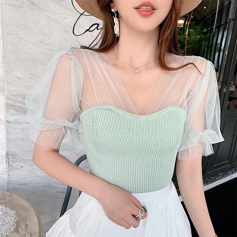 Майка женская хлопковая трикотажная с кружевом зеленая/белая | Женская одежда