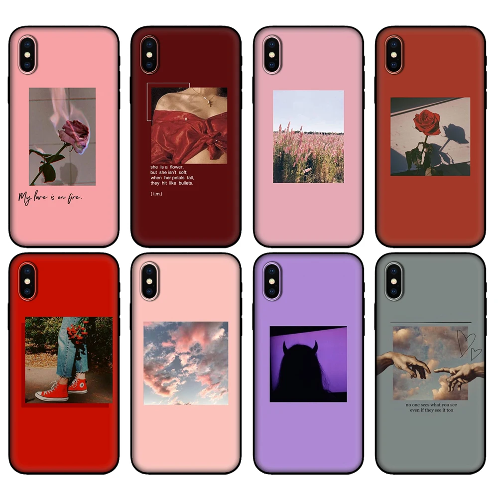 Черный чехол из ТПУ для iphone 5 5s se 6 6s 7 8 plus x 10 XR XS 11 pro MAX розового красного цветов с