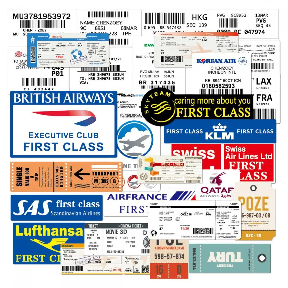 

30Pcs of Airline Boarding Pass Ticket Box Stickers Suitcase Luggage Stickers Retro Waterproof Brand Skateboard Sticker Wholesale