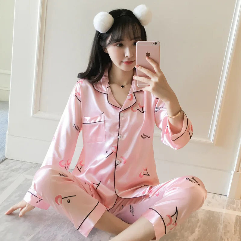 

2021 Spring Silk Satin Pajamas Set Woman Printed Long Sleeve Sleepwear Pijamas Suit Female Sleep Two Piece Loungewear Plus Size
