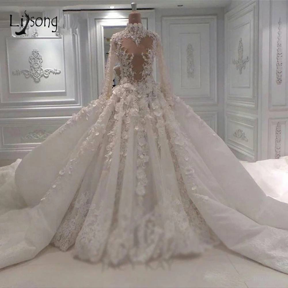 

Dubai Luxury 3D Flower Puffy Wedding Dresses High Collar Full Sleeves Muslim Bridal Gowns Long Train Real Image Vestido De Noiva