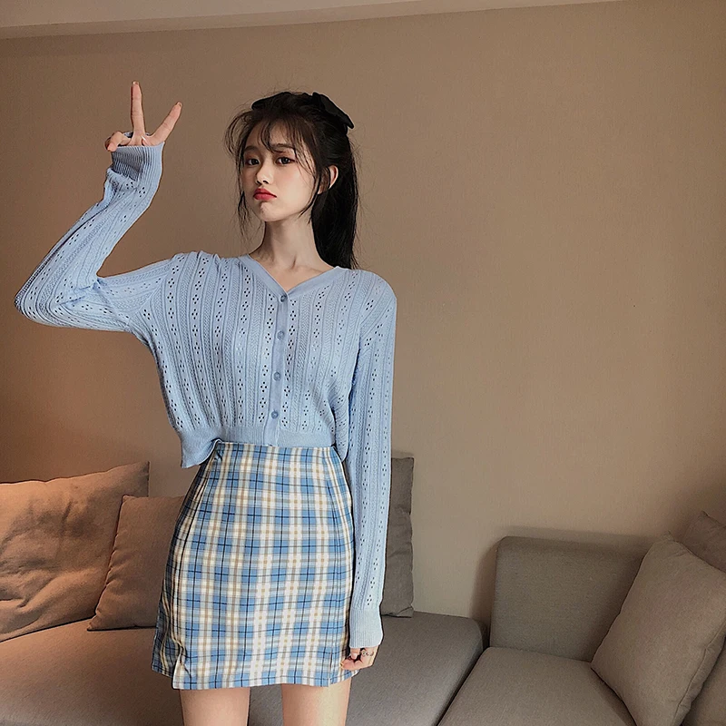 Женский вязаный кардиган свитер топы весна-лето одежда новый тонкий синий милый