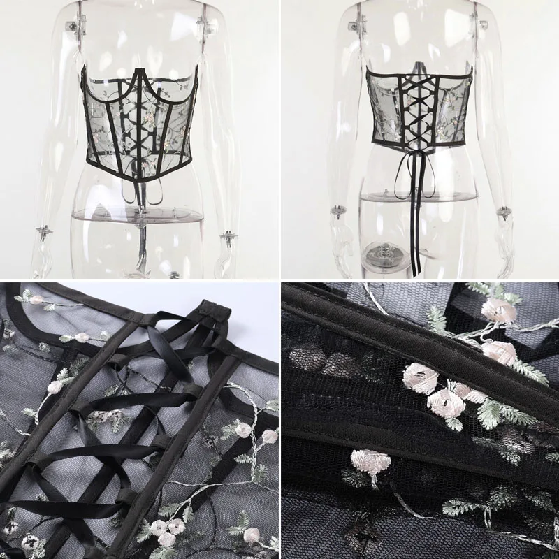 

Embroidered Mesh Corset Top Fashion Transparent Crop Top Women Vintage Bandage Underbust Corset Tops To Wear Out