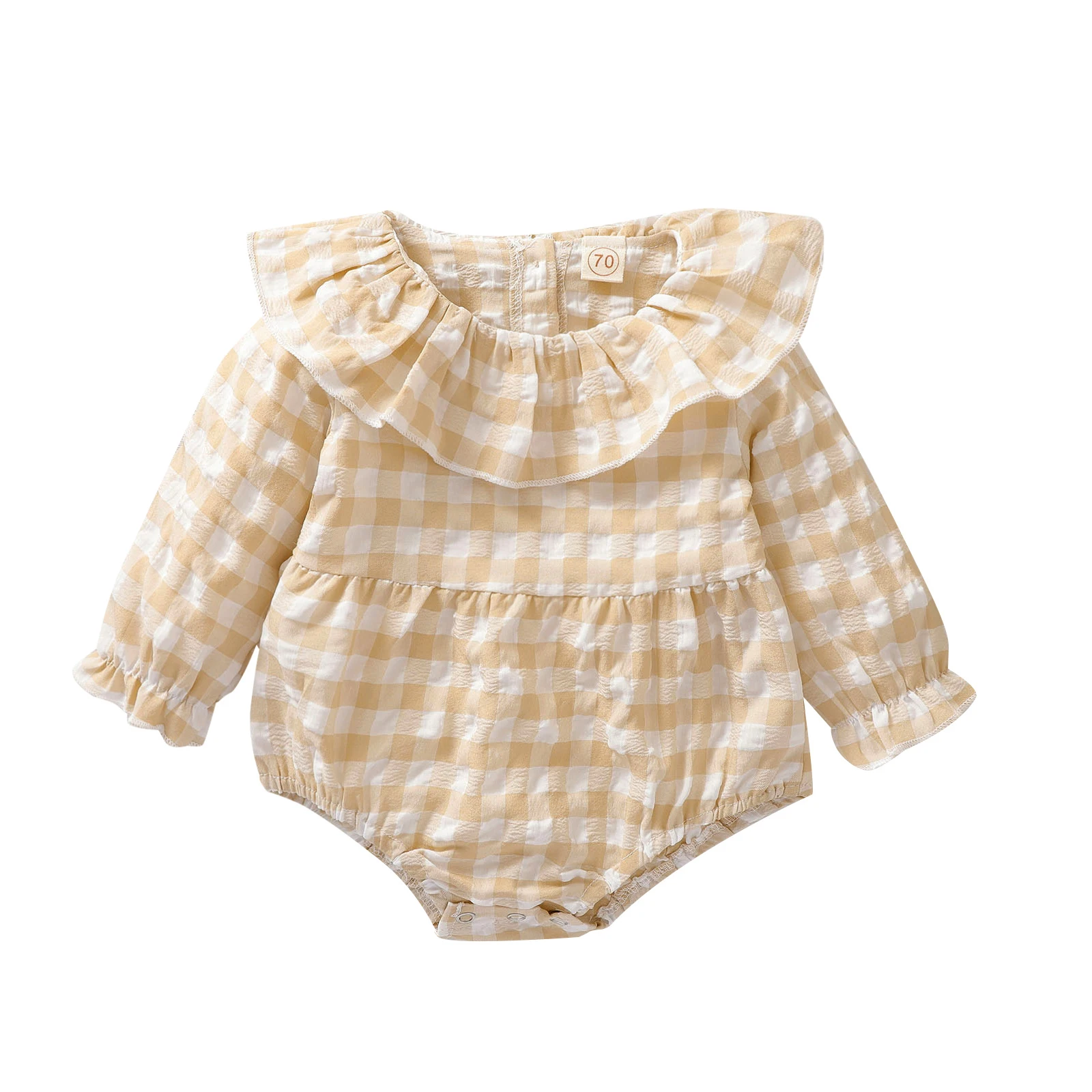 

OPPERIAYA Toddler Baby Girls Round Collar Suit Baby Long Sleeve One Piece Bodysuit Ruffle Summer Plaid Printing Jumpsuits