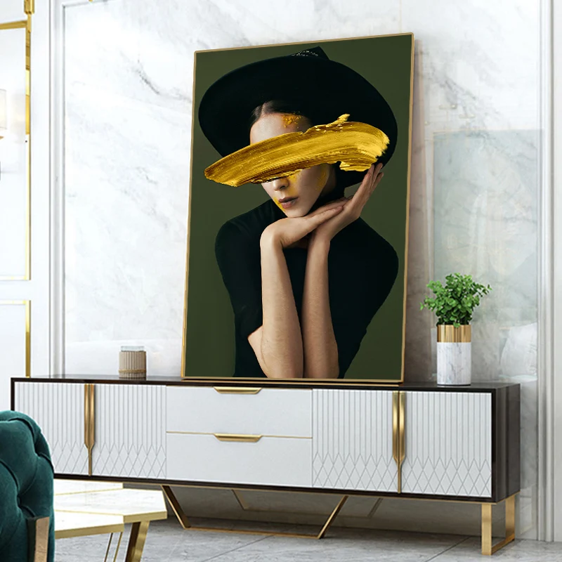 

Golden Women Portrait Figure Cuadros Oil Painting Canvas Makeup Posters Prints Wall Art Picture Art for Living Room Home Decor