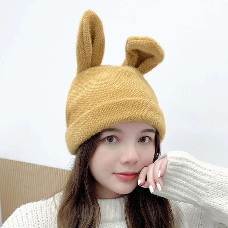 

Women Winter Knit Beanie Hat Cute Rabbit Bunny Ears Solid Color Outdoor Stretchy Ski Skullies Cap Ear Warmer Photo Props