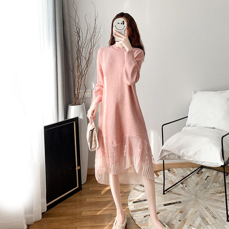 Winter Women Knitted Dress O-neck Splicing Voile Pleated Hem Full Sleeves Dress Ladies Urban Mid-calf Solid Loose Dress