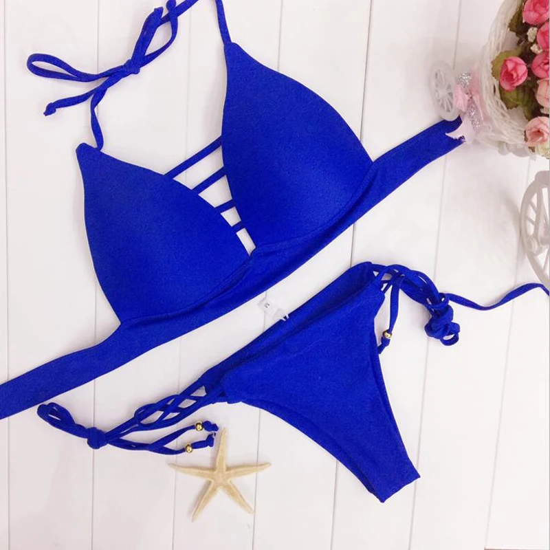 Itsroy New 4 color Women's Swimwear Double Strap bandage Bikini Set Solid design chest pad Two Pieces Sexy Women Bikini|bikini set|bikini