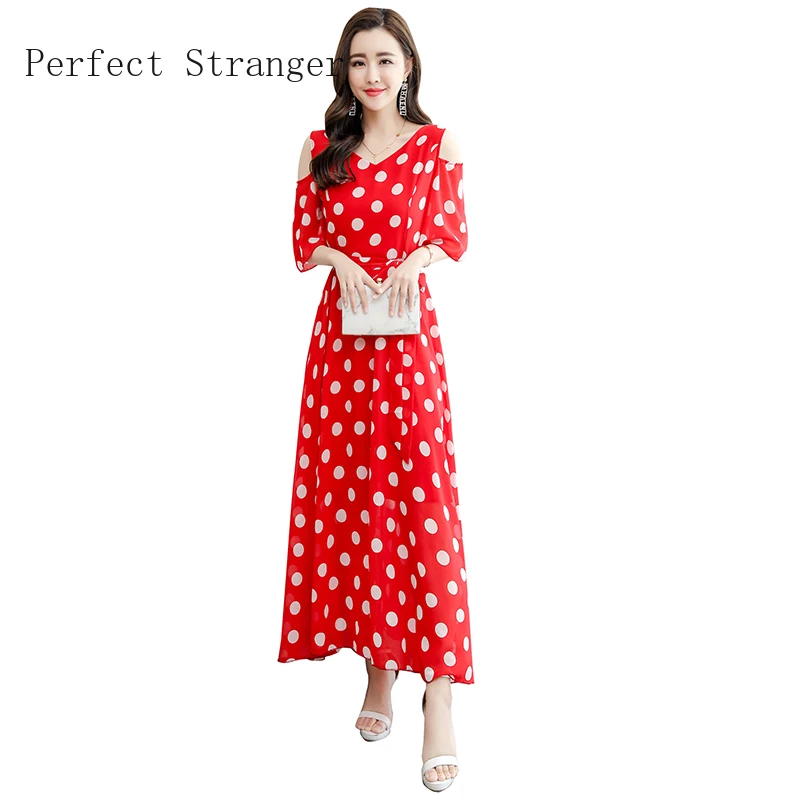 

2020 Summer New Arrival Hot Sale V Collar Off Shoulder Short Sleeve Dots Printed Women Chiffon Long Dress Plus Size M-4XL