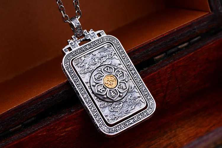 

Earring925 Sterling Silver Talisman Pendant Rotatable Men's Thai Silver Mantra Buddhism Jewelry Six Words Engraved Stamping Tags