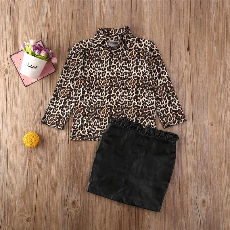 2020 комплект одежды для маленьких девочек Топ с длинным рукавом и леопардовым