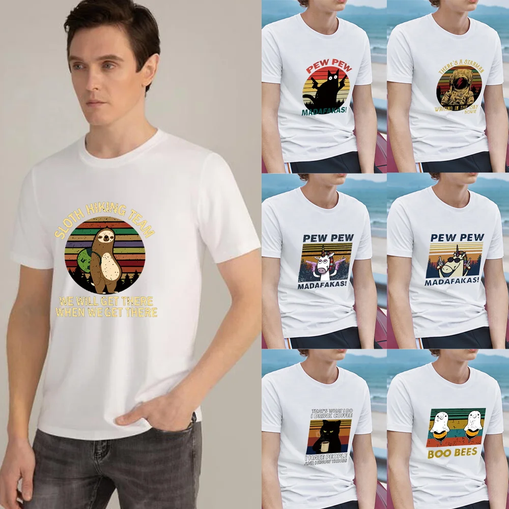 

Classic T-shirt Men with Gun Light Wave Cat Pattern Printing Series Round Neck Casual Men's Slim Simple Soft Youth Commuter Top