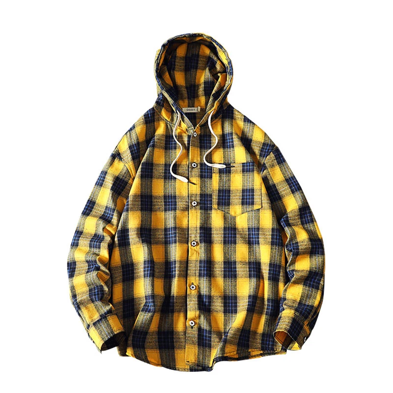 

Streetwear Casual Plaid Shirt Men'S Spring Autumn Long Sleeve High Quality 2021 Loose With Hooded