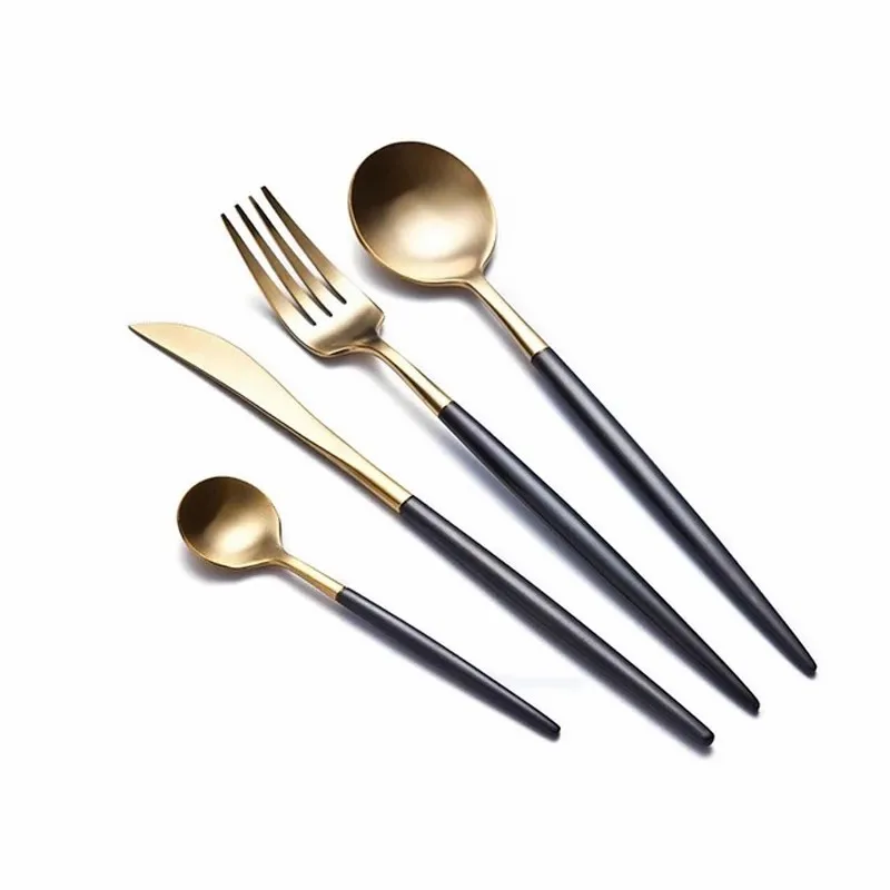

Dropshipping Flatware Stainless Steel Cutlery Set Black Gold Dinnerware Spoon and Fork Set Fruit Forks Tableware Handle for Kids