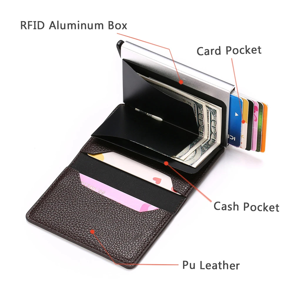 RFID Wallet Litchi Soft Leather Card Case Information Protector Safety Clutch Fashion Pop-Up Holder Aluminum Box | Багаж и сумки