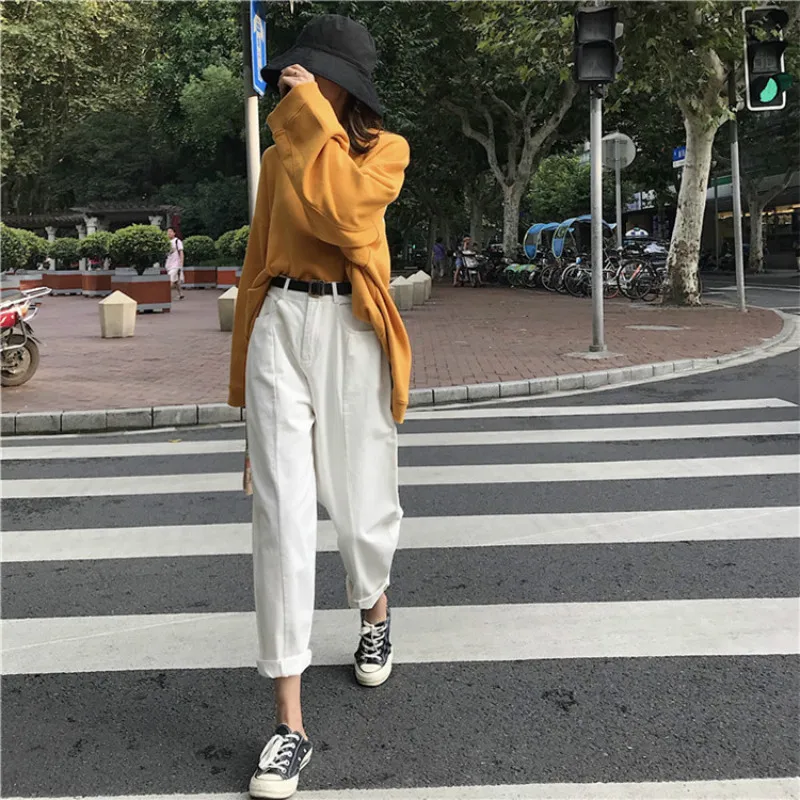 Джинсы женские Kawaii милые универсальные простые Harajuku уличная мода повседневные с высокой талией свободные джинсовые женские брюки шикарные