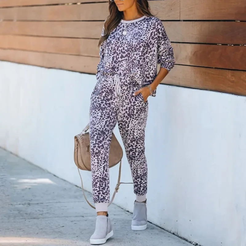 

2021 New Urban Casual Fashion Street Two-piece Female Home Wear Long Sleeve Round Neck Printing Casual Slim Suit Women
