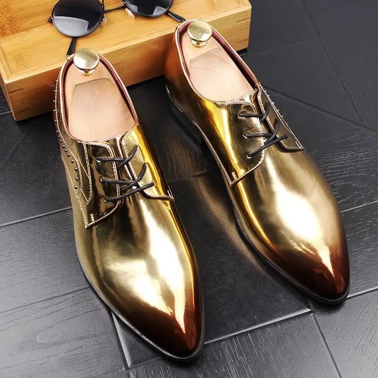 

New Arrival Mens Dress Shoes Gold Luxury Fashion Derby Shoes For Men PU Leather Shoes Size 38-43 White Wedding Shoes