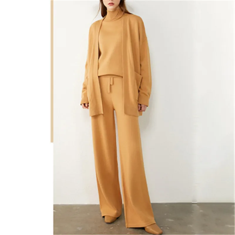 

Женский трикотажный кардиган CBAFU, комплект из 3 предметов, свитер с высоким воротником и брюки с широкими штанинами, 4 цвета, M127