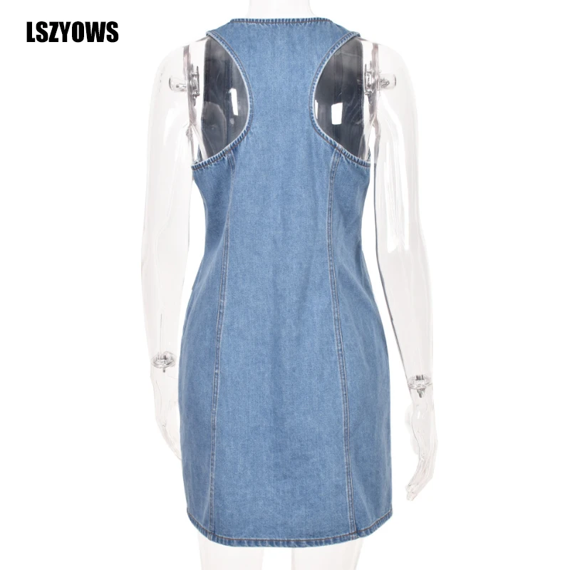

Sexy V Neck Sleeveless Mini Jeans Dress Fashion Button Up Pockets Casual Denim Dress Women Summer Sundress Ladies Party Vestidos
