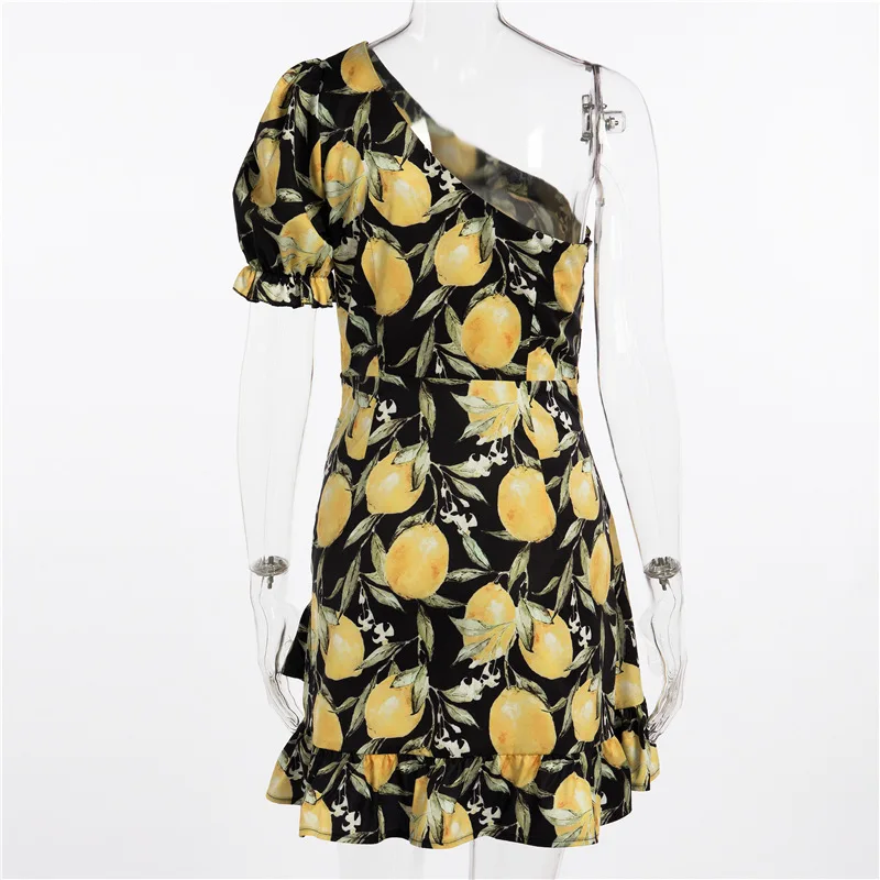 

Ladies One Shoulder Dress Mini Summer Vacation Dress Women Beach Dress Ruffled Irregular Short Vestidos