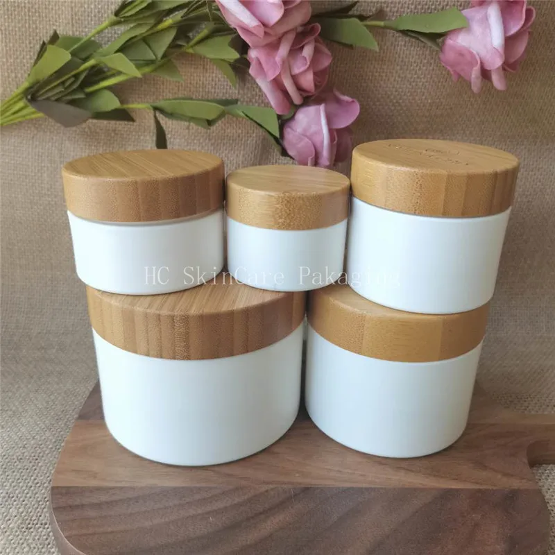 

Skin Care Tools 10g 30g 50g 100g 150g White PP Plastic Jar with Bamboo Lid Natural Bamboo Refillable Bottle